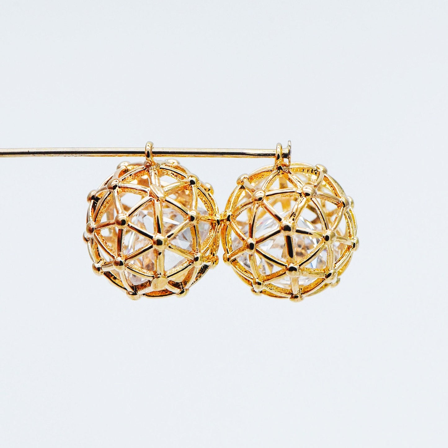 10pcs Gold Round Charms 11mm, Filigree Hollow Ball Pendants with CZ Inside, 18K Gold plated on Brass, Lead Nickel Free (GB-542)