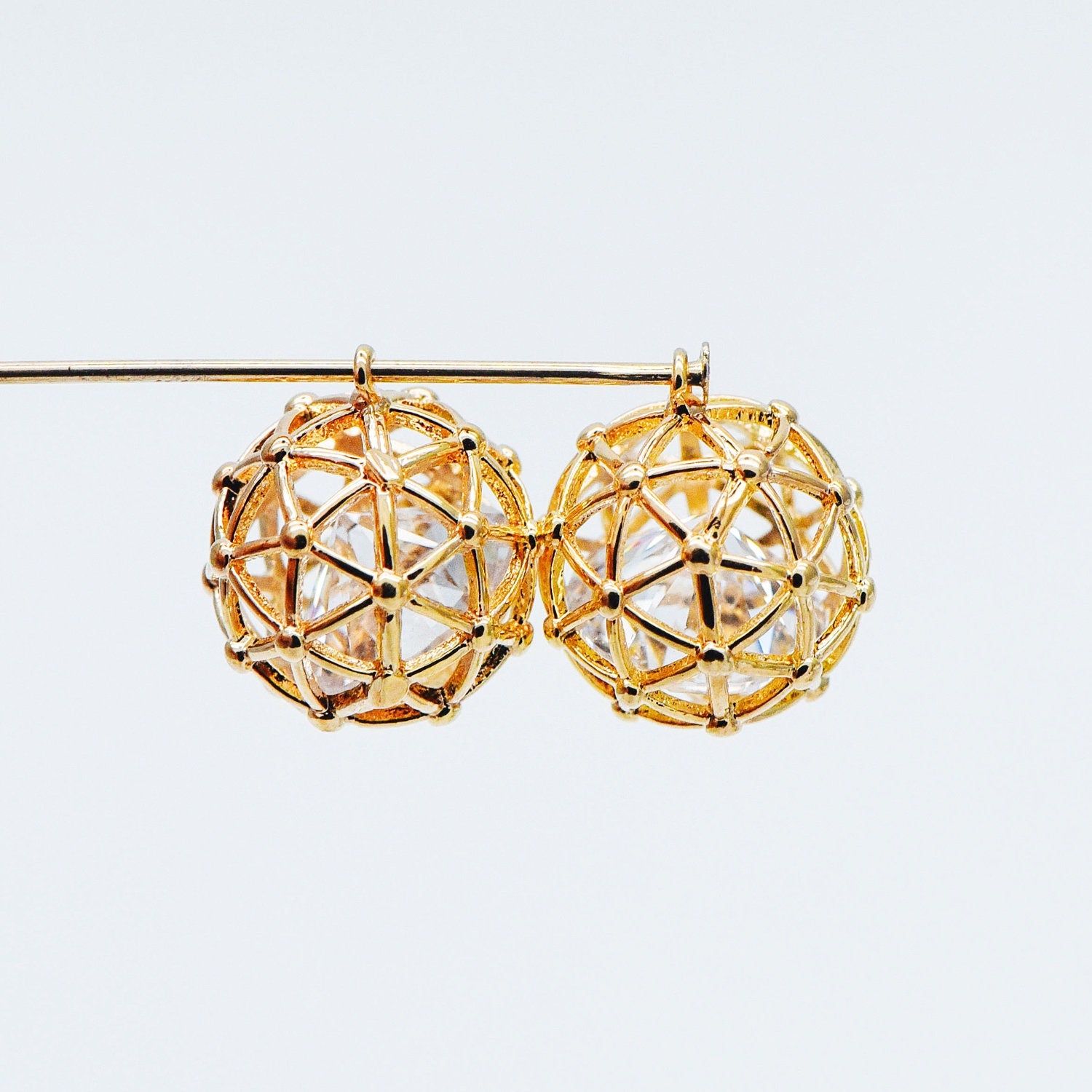 10pcs Gold Round Charms 11mm, Filigree Hollow Ball Pendants with CZ Inside, 18K Gold plated on Brass, Lead Nickel Free (GB-542)