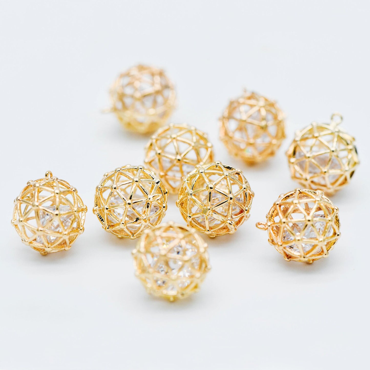 10pcs Gold Round Charms 11mm, Filigree Hollow Ball Pendants with CZ Inside, 18K Gold plated on Brass, Lead Nickel Free (GB-542)