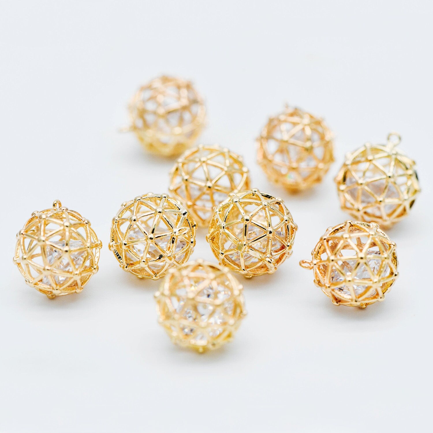 10pcs Gold Round Charms 11mm, Filigree Hollow Ball Pendants with CZ Inside, 18K Gold plated on Brass, Lead Nickel Free (GB-542)