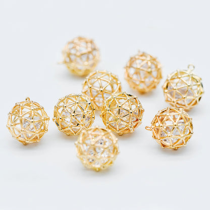 10pcs Gold Round Charms 11mm, Filigree Hollow Ball Pendants with CZ Inside, 18K Gold plated on Brass, Lead Nickel Free (GB-542)