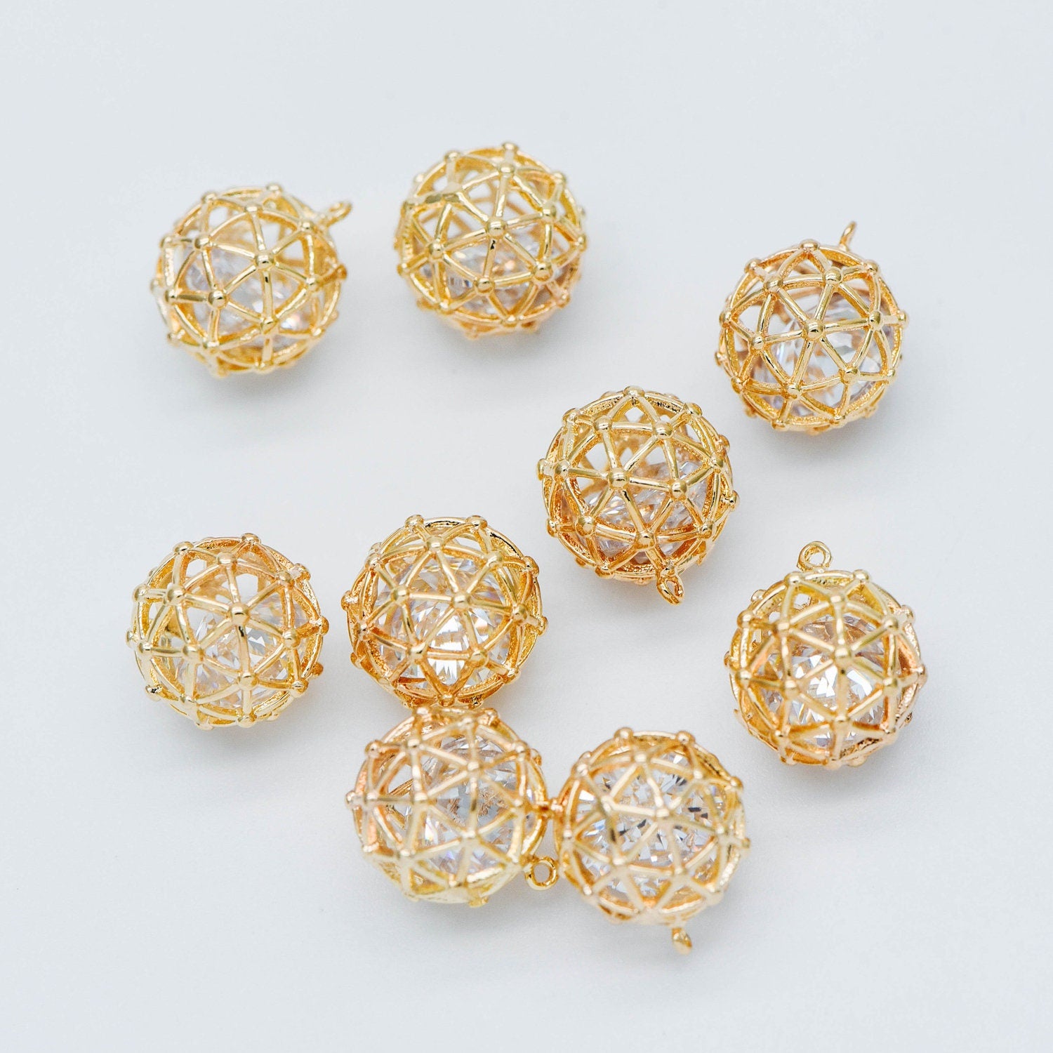 10pcs Gold Round Charms 11mm, Filigree Hollow Ball Pendants with CZ Inside, 18K Gold plated on Brass, Lead Nickel Free (GB-542)