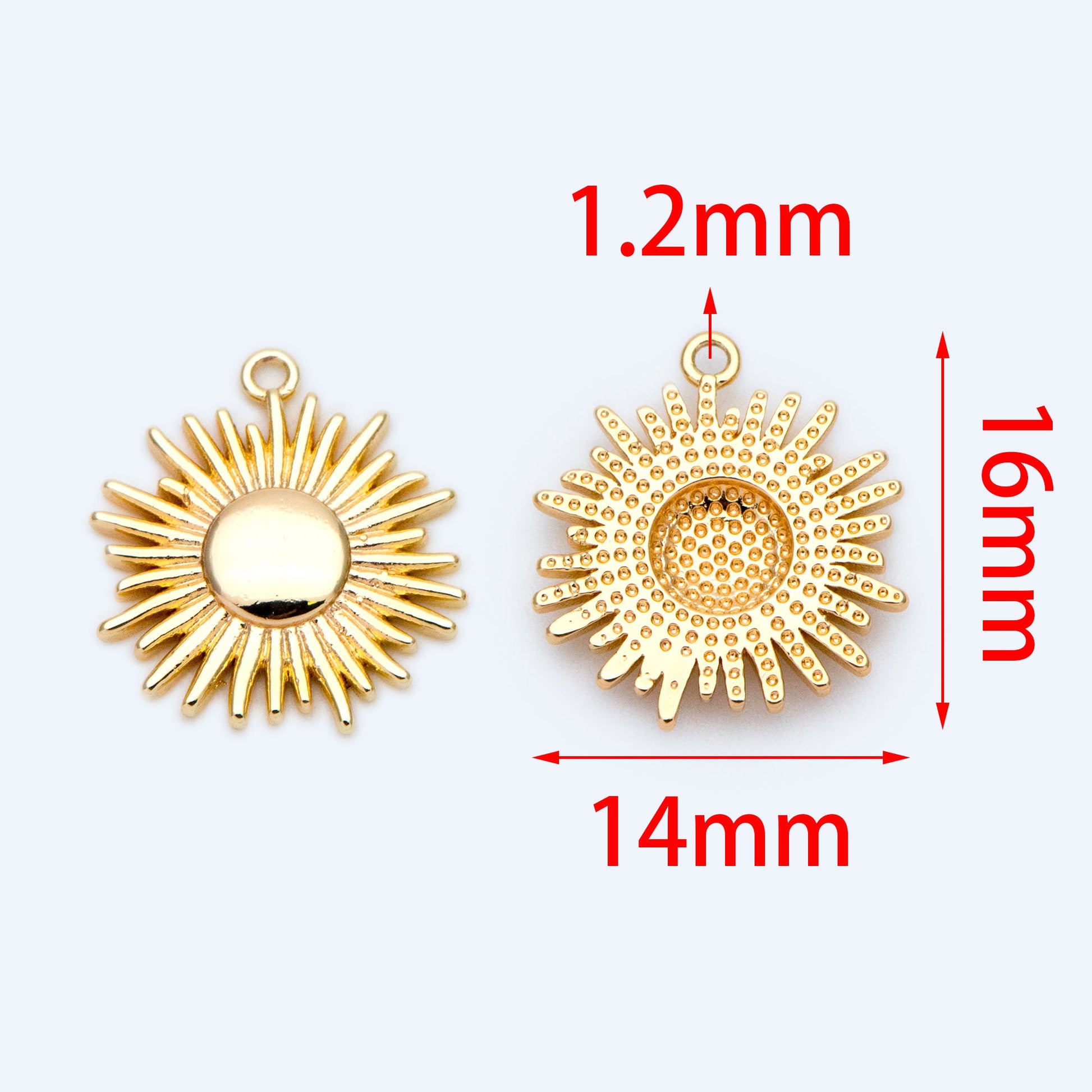 4pcs Gold/ Silver Tone Round Sun Charms 16x14mm, 18K Gold/ Rhodium plated Brass, Disk Sun Pendants (GB-1311-B)