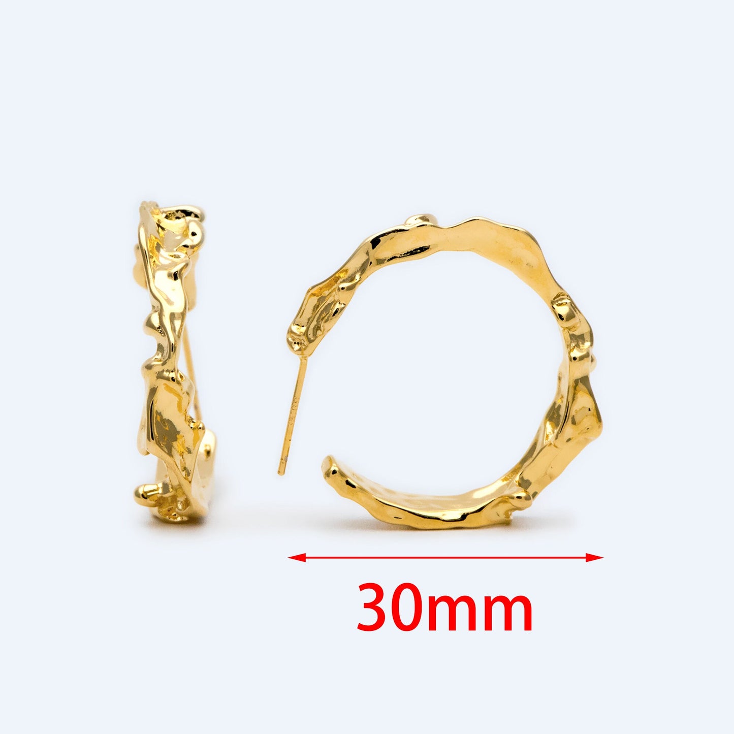 10pcs Gold/ Silver Tone Earring Posts 30mm, Geometric Round Stud Earring, Hammered Ear Findings (GB-1539)