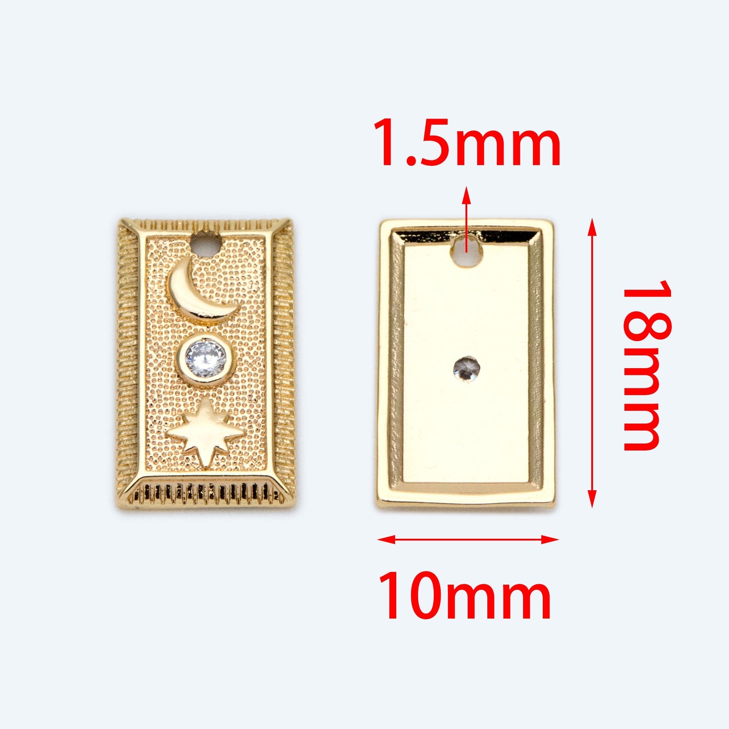 4pcs CZ Pave Gold / Silver Tone Rectangle Moon North Star Charm 18x10mm, 18K Gold plated Brass (GB-2394-B)