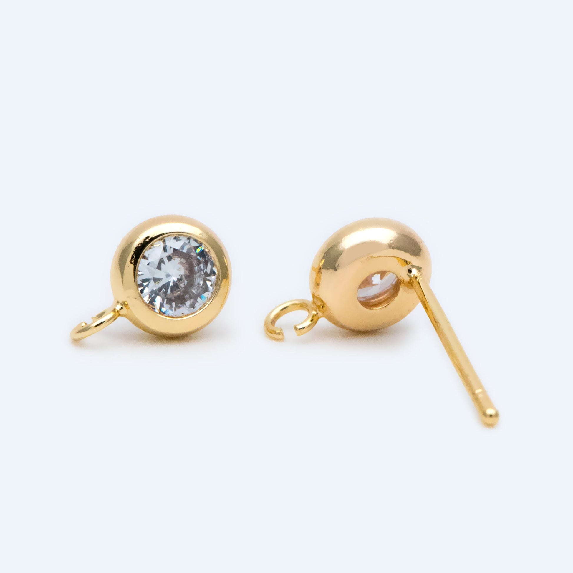 10pcs CZ Pave Gold/ Silver Tone Round Stud Earring with Loop, Gold/ Rhodium Plated Brass Stud Earrings (#GB-1622)