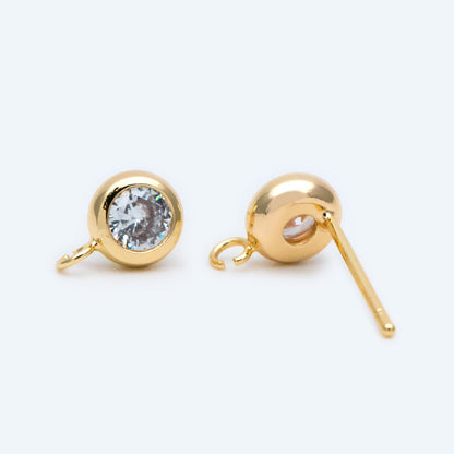 10pcs CZ Pave Gold/ Silver Tone Round Stud Earring with Loop, Gold/ Rhodium Plated Brass Stud Earrings (#GB-1622)