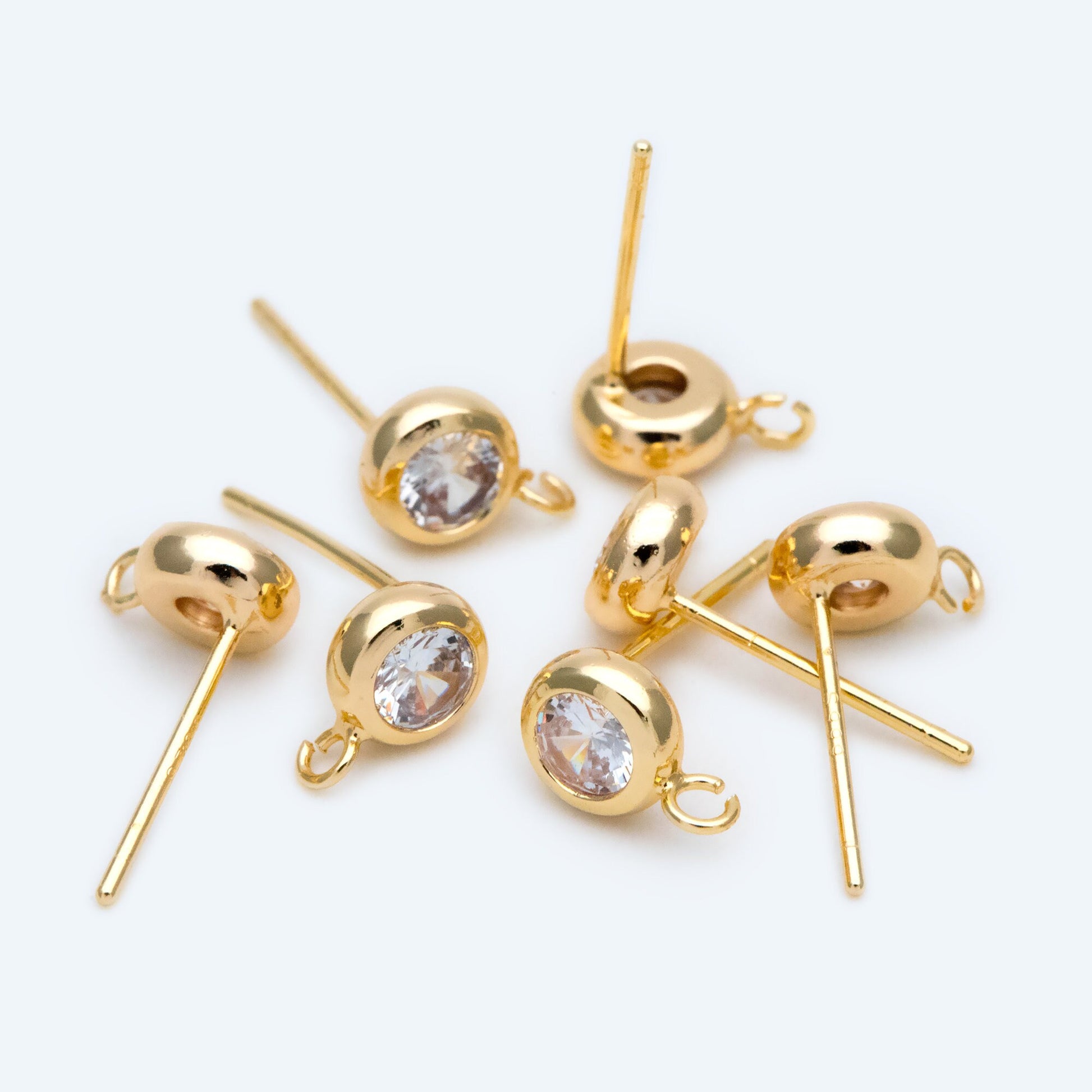10pcs CZ Pave Gold/ Silver Tone Round Stud Earring with Loop, Gold/ Rhodium Plated Brass Stud Earrings (#GB-1622)