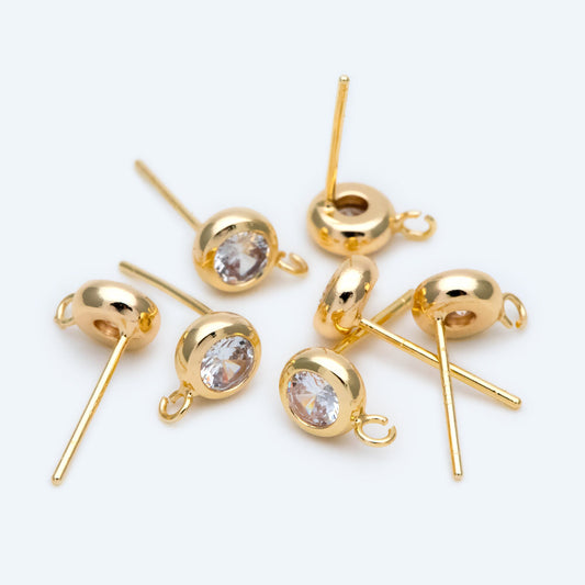 10pcs CZ Pave Gold/ Silver Tone Round Stud Earring with Loop, Gold/ Rhodium Plated Brass Stud Earrings (#GB-1622)