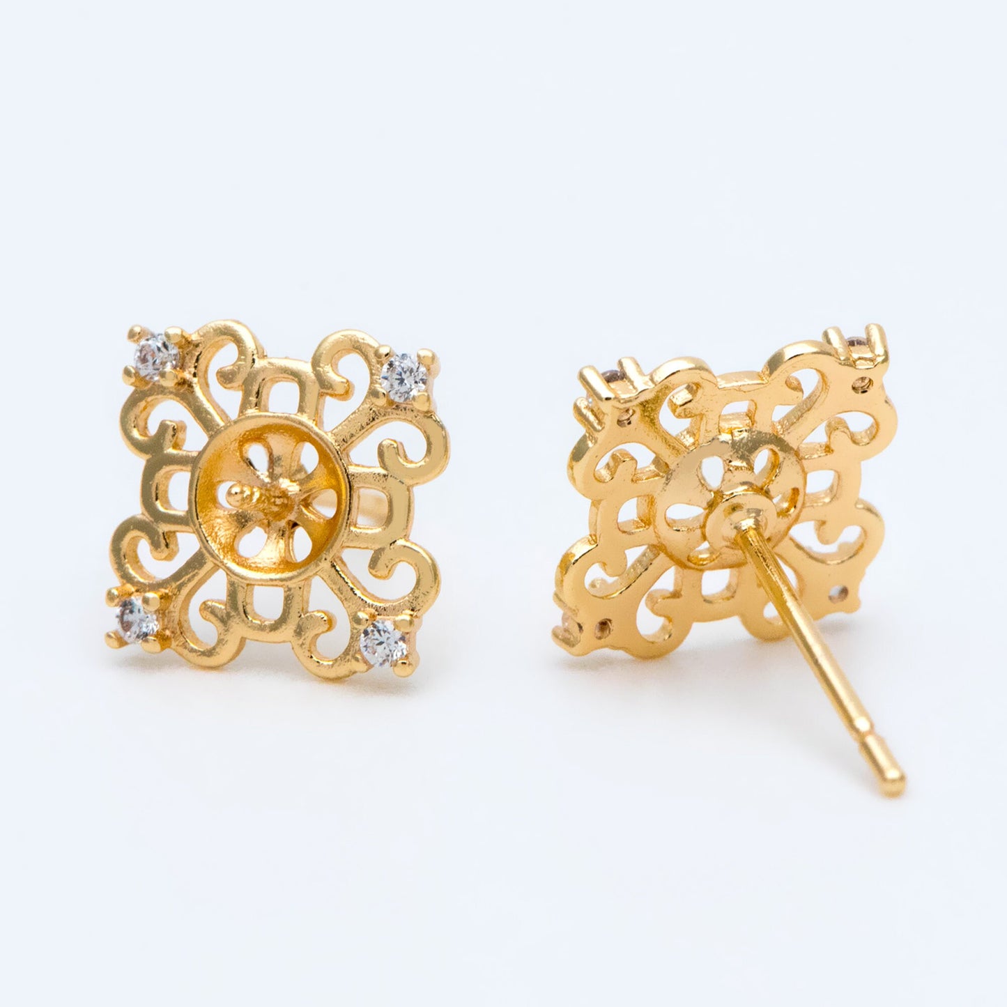 10pcs CZ Pave Filigree Flower Ear Posts 12mm, Pearl Peg Earring Mounts, Half Drilled Pearl Earring Settings (#GB-1541)