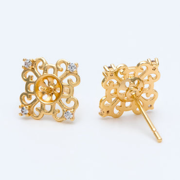 10pcs CZ Pave Filigree Flower Ear Posts 12mm, Pearl Peg Earring Mounts, Half Drilled Pearl Earring Settings (#GB-1541)
