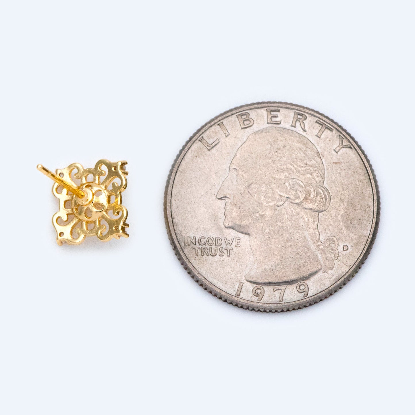 10pcs CZ Pave Filigree Flower Ear Posts 12mm, Pearl Peg Earring Mounts, Half Drilled Pearl Earring Settings (#GB-1541)