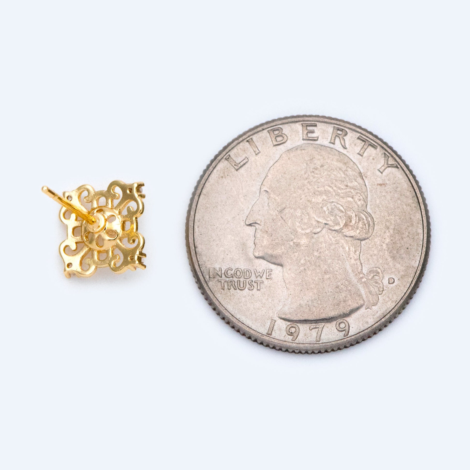 10pcs CZ Pave Filigree Flower Ear Posts 12mm, Pearl Peg Earring Mounts, Half Drilled Pearl Earring Settings (#GB-1541)