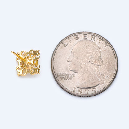 10pcs CZ Pave Filigree Flower Ear Posts 12mm, Pearl Peg Earring Mounts, Half Drilled Pearl Earring Settings (#GB-1541)