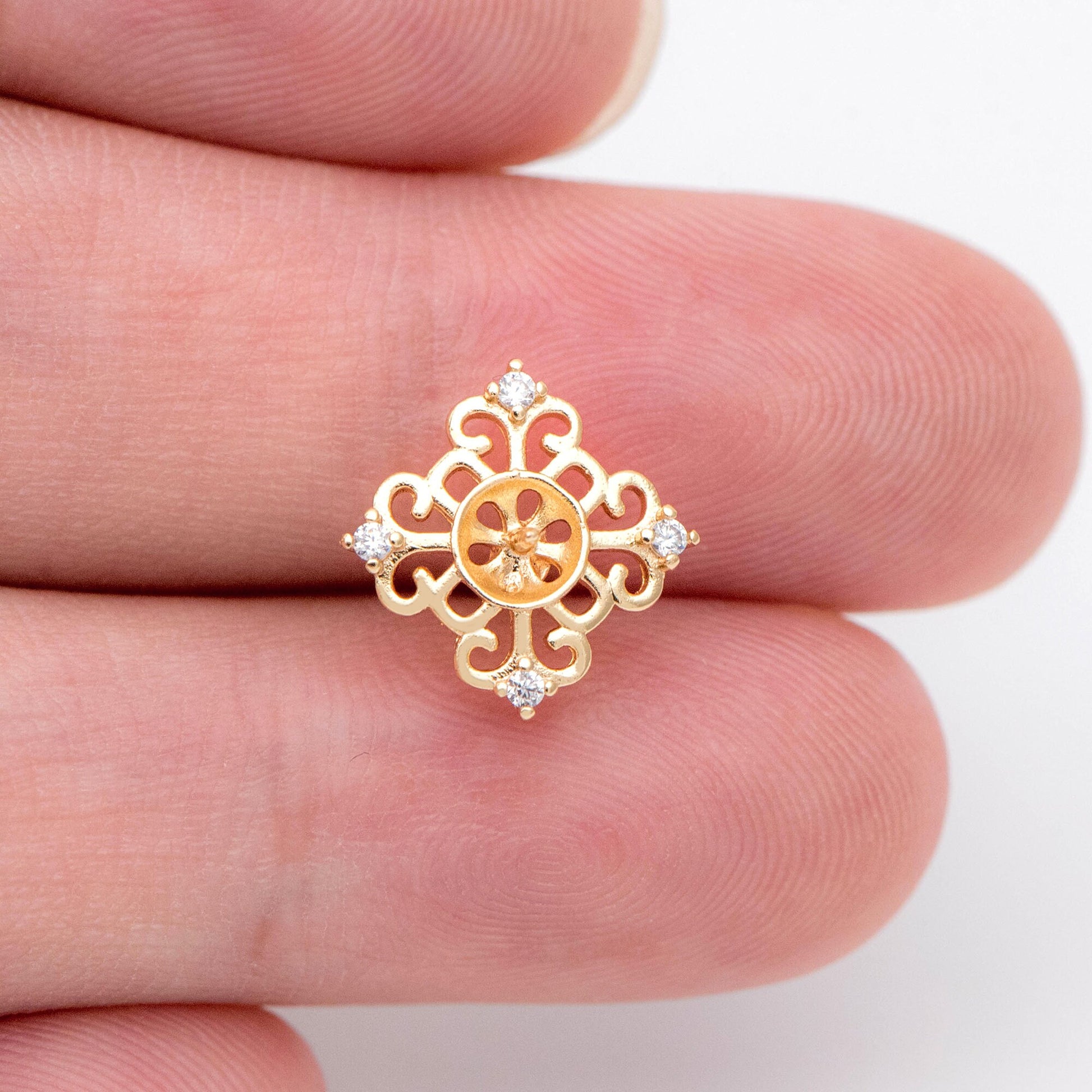 10pcs CZ Pave Filigree Flower Ear Posts 12mm, Pearl Peg Earring Mounts, Half Drilled Pearl Earring Settings (#GB-1541)