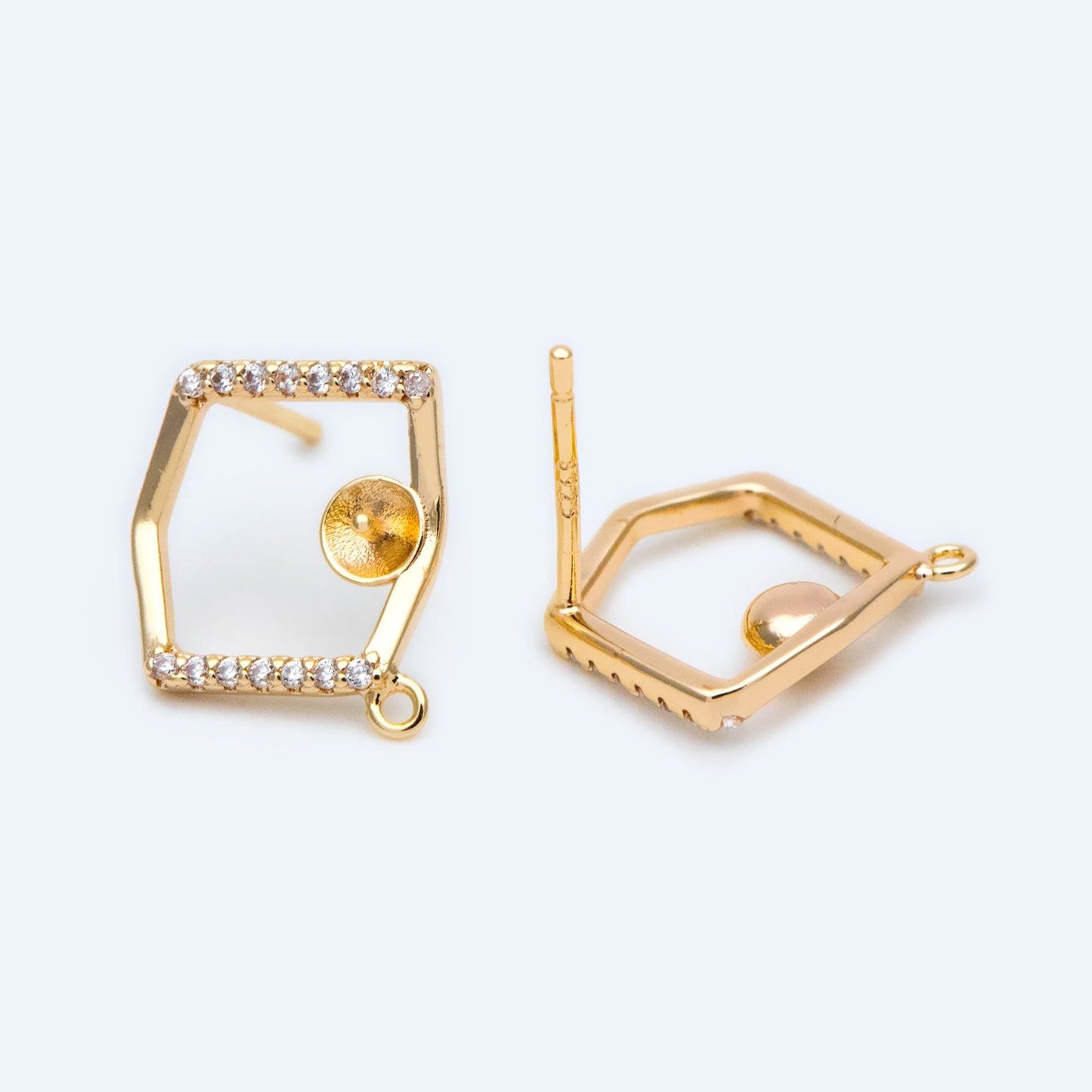 10pcs CZ pave Irregular Earring with loop 15x14mm, Pearl Peg Earring Mounts,Half Drilled Pearl Earring Settings (GB-1542)