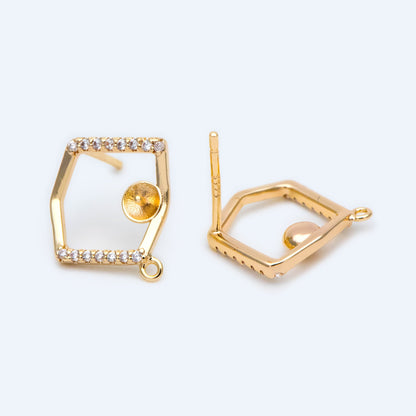 10pcs CZ pave Irregular Earring with loop 15x14mm, Pearl Peg Earring Mounts,Half Drilled Pearl Earring Settings (GB-1542)