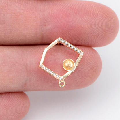 10pcs CZ pave Irregular Earring with loop 15x14mm, Pearl Peg Earring Mounts,Half Drilled Pearl Earring Settings (GB-1542)