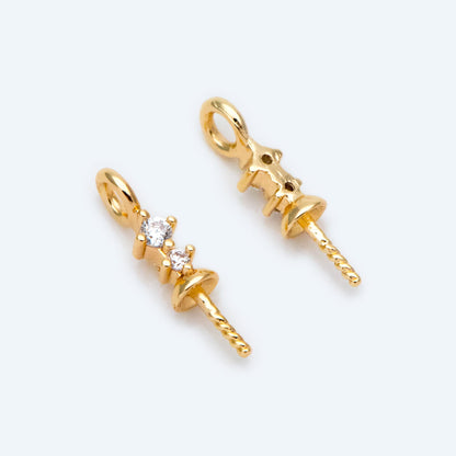 10pcs CZ Pave Gold Pearl Setting, DIY Charm Drop Bail, Peg Pearl Findings (GB-1628)