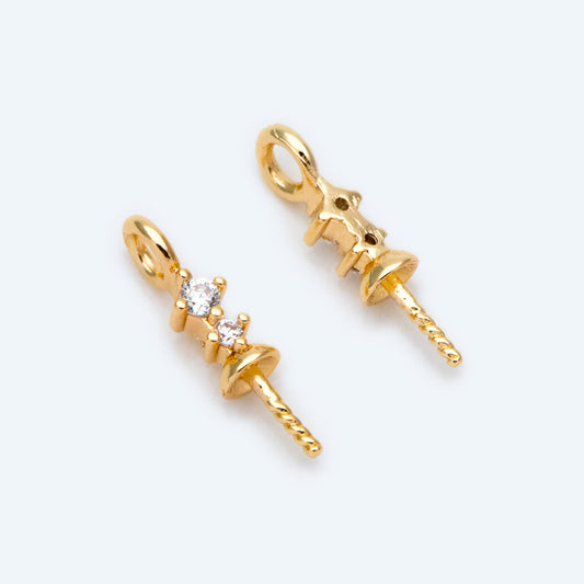 10pcs CZ Pave Gold Pearl Setting, DIY Charm Drop Bail, Peg Pearl Findings (GB-1628)