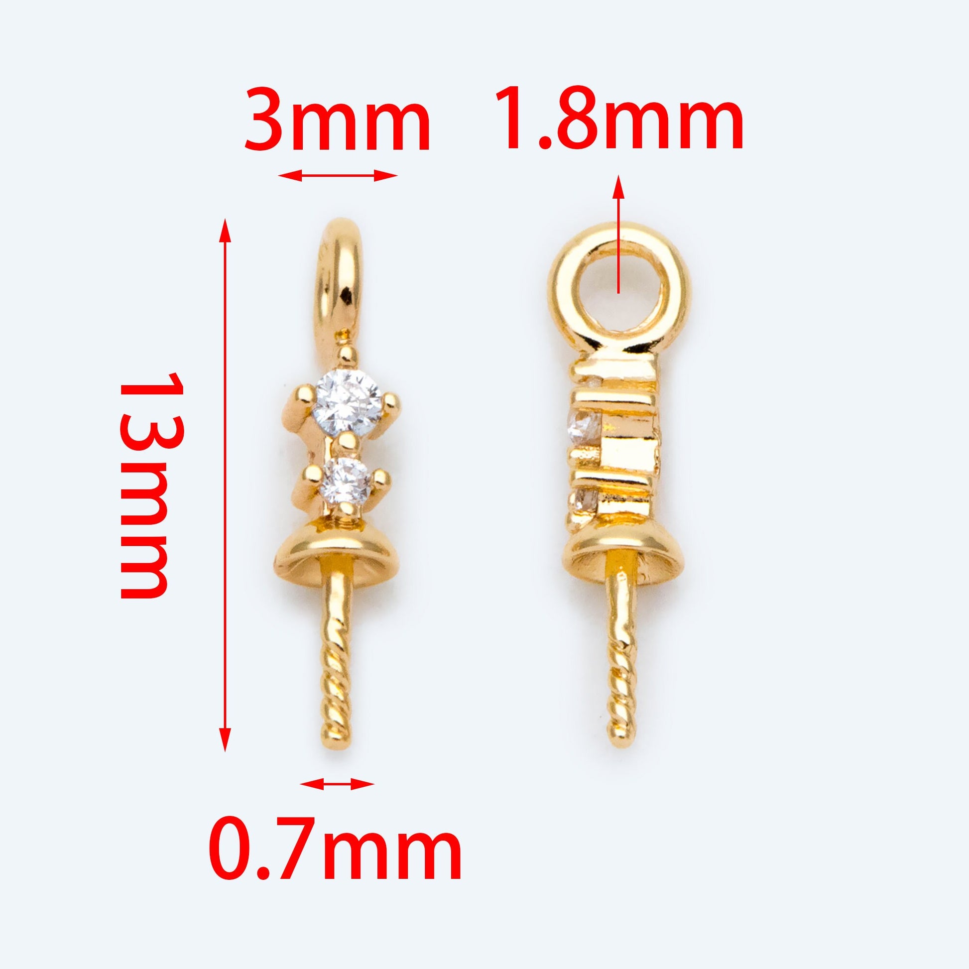 10pcs CZ Pave Gold Pearl Setting, DIY Charm Drop Bail, Peg Pearl Findings (GB-1628)