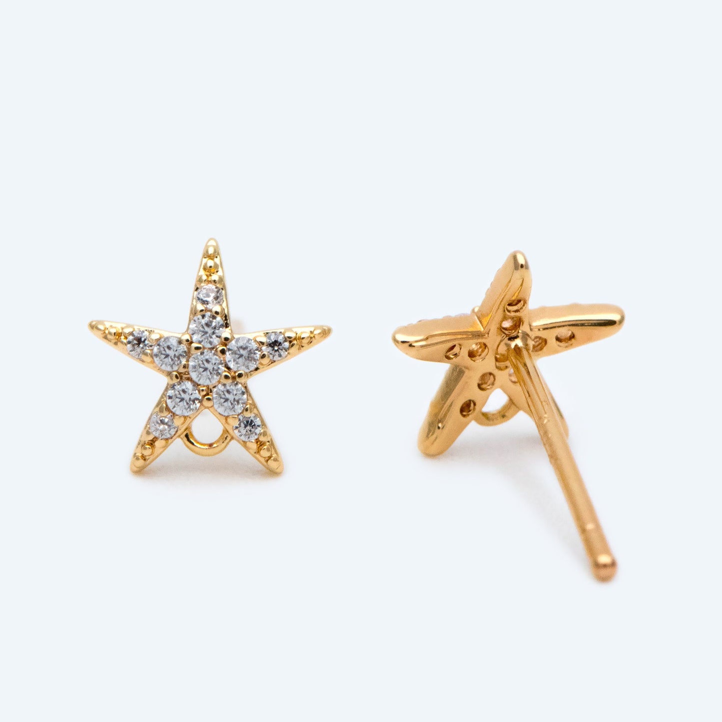 10pcs CZ Pave Starfish Earring with Loop, Real Gold Plated Brass Star Stud Earrings (#GB-1633)