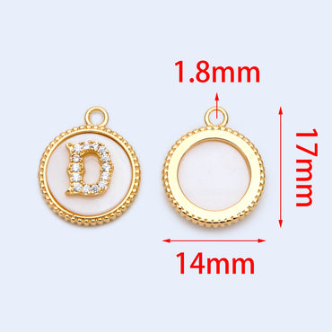 Gold Alphabet Charms, CZ Pave English Letter, Shell Disc Coin Initial Pendants, You Choose Letter (GB-1635)