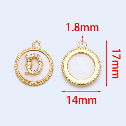 Gold Alphabet Charms, CZ Pave English Letter, Shell Disc Coin Initial Pendants, You Choose Letter (GB-1635)