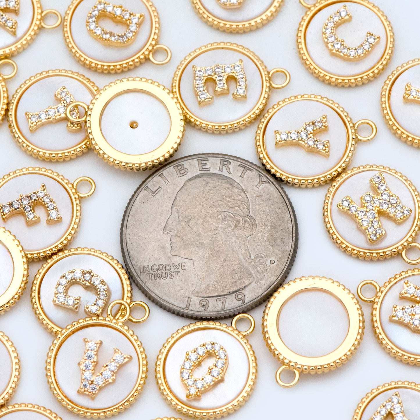 Gold Alphabet Charms, CZ Pave English Letter, Shell Disc Coin Initial Pendants, You Choose Letter (GB-1635)