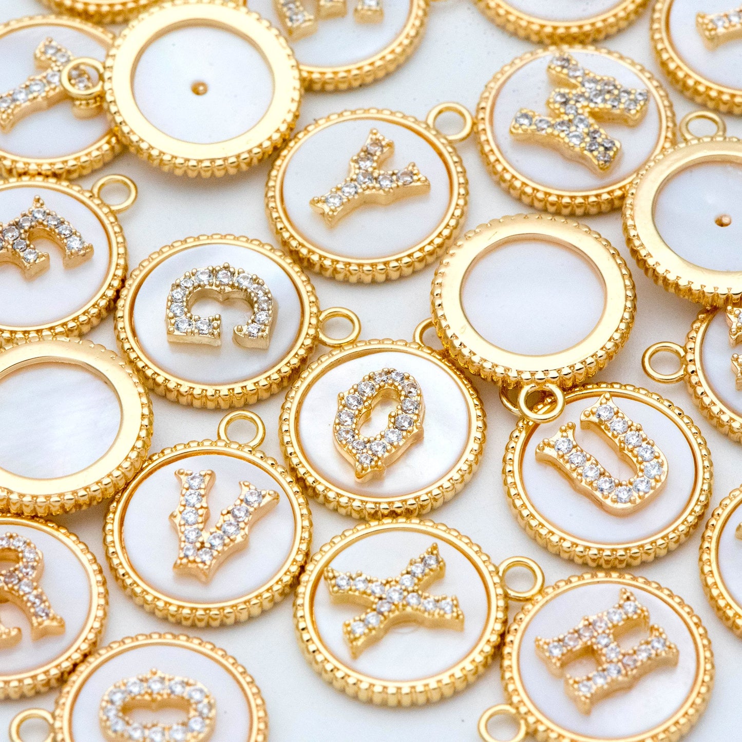 Gold Alphabet Charms, CZ Pave English Letter, Shell Disc Coin Initial Pendants, You Choose Letter (GB-1635)