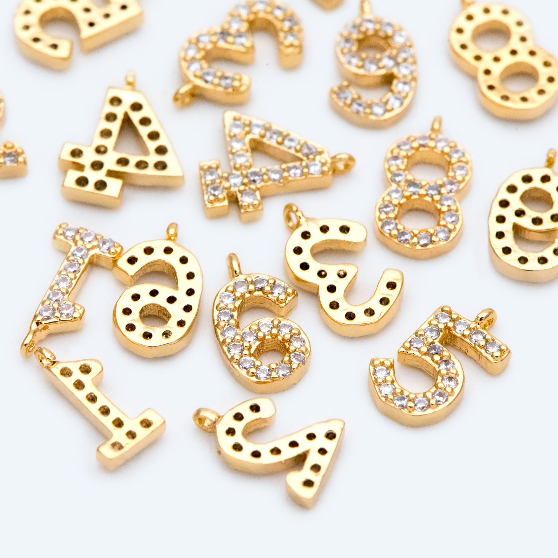 Gold Number Charms, CZ Pave Number Charms, Mini Tiny Charms 9-10mm Tall, Anniversary Birthday Number Beads (GB-1652)
