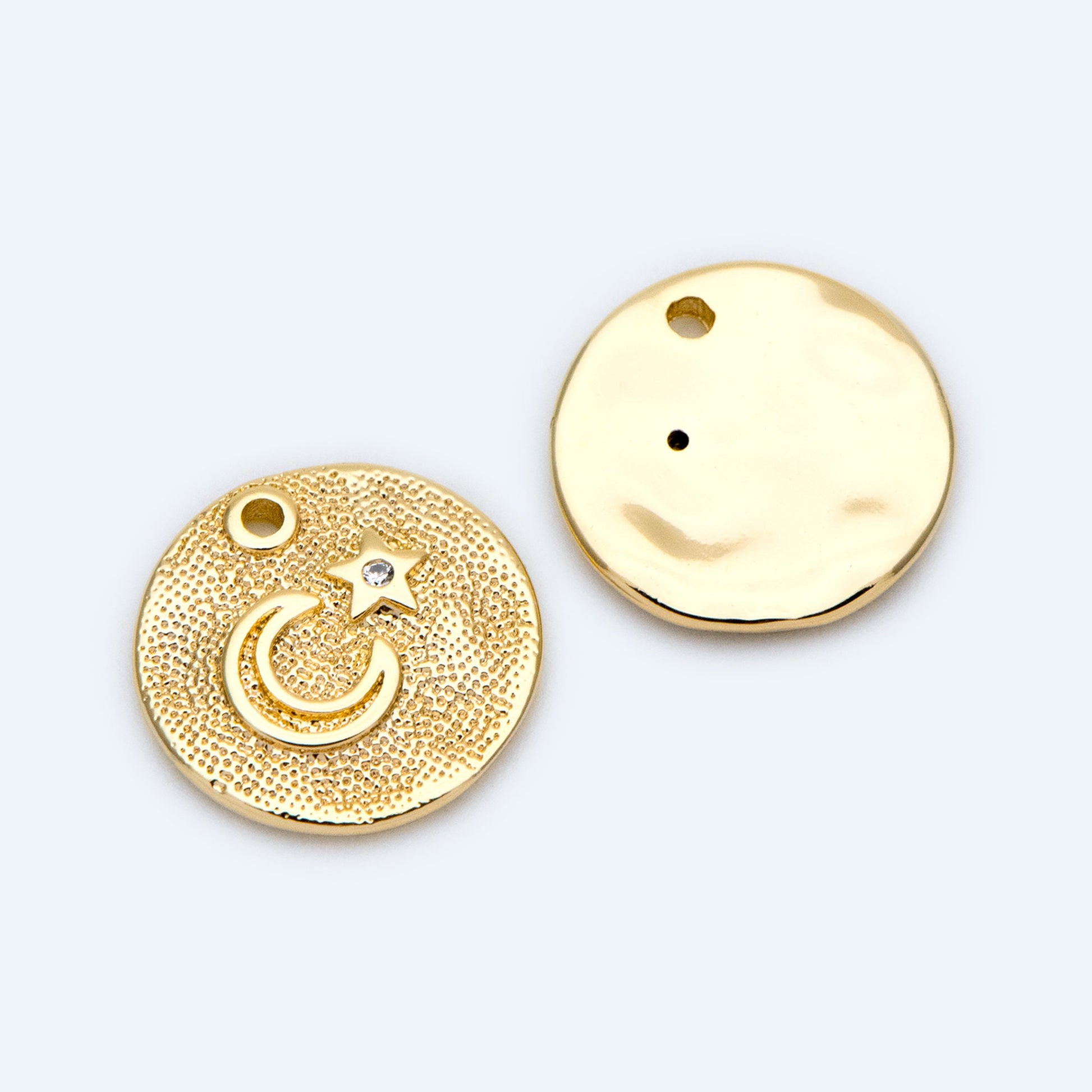 4pcs CZ Pave Gold/ Silver tone Moon Star Coin Charm 13mm, Moon Star Necklace Charm, Moon Star Jewelry (GB-2433-C)