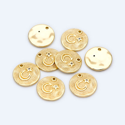 4pcs CZ Pave Gold/ Silver tone Moon Star Coin Charm 13mm, Moon Star Necklace Charm, Moon Star Jewelry (GB-2433-C)