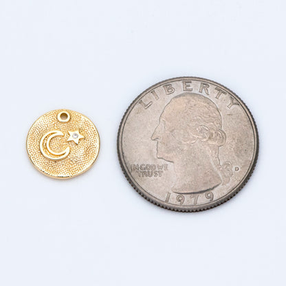 4pcs CZ Pave Gold/ Silver tone Moon Star Coin Charm 13mm, Moon Star Necklace Charm, Moon Star Jewelry (GB-2433-C)