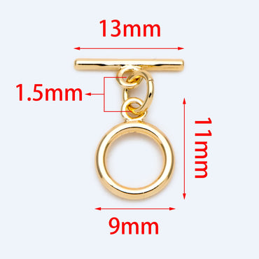 10 sets Gold Toggle Clasp, Real Gold plated Brass, Easy Close Clasp 9mm Smooth Round (#GB-1543-C)