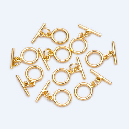 10 sets Gold Toggle Clasp, Real Gold plated Brass, Easy Close Clasp 9mm Smooth Round (#GB-1543-C)