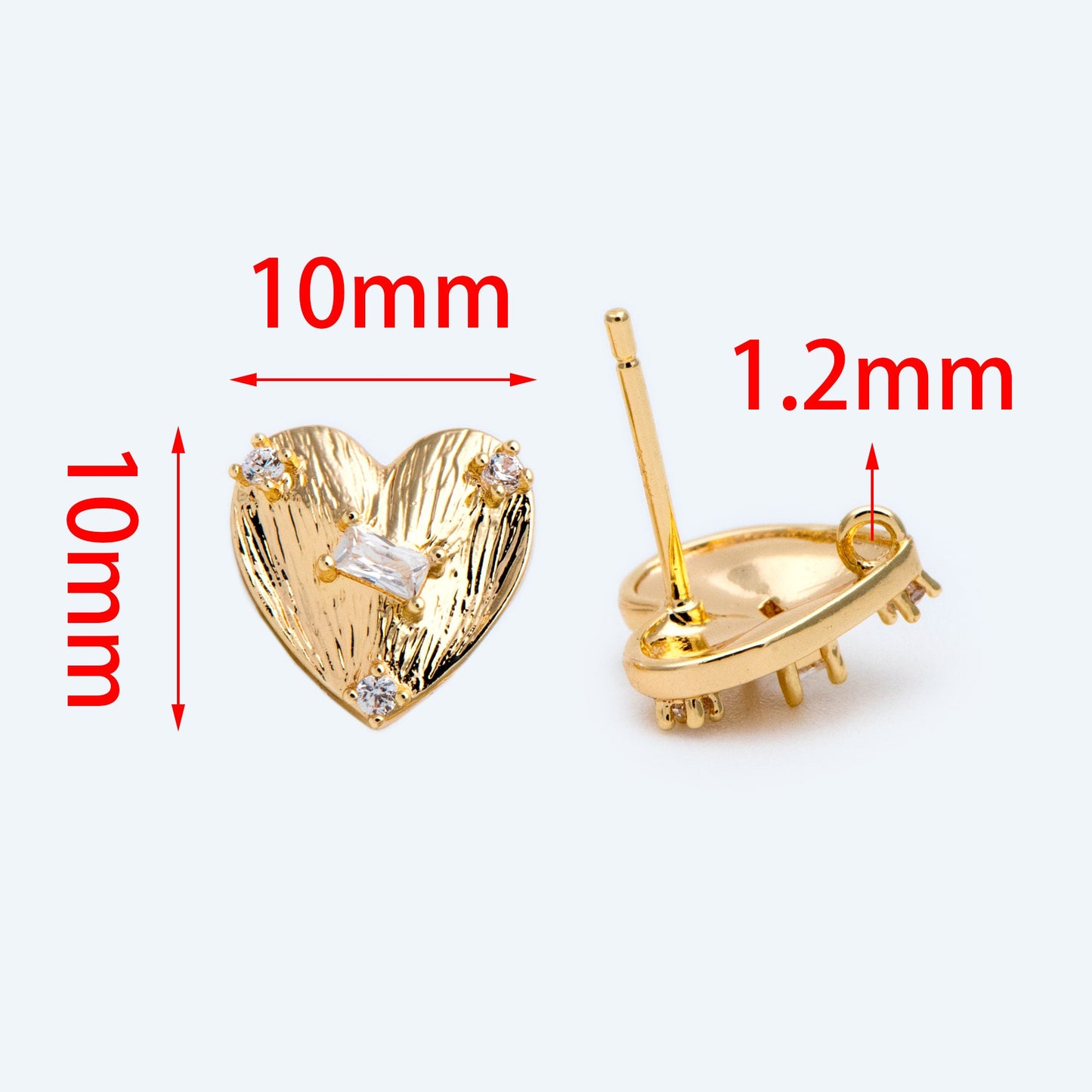 10pcs Gold Heart Earring with Loop, 18K Gold plated Brass, CZ pave Stud Earring Components (GB-1640)