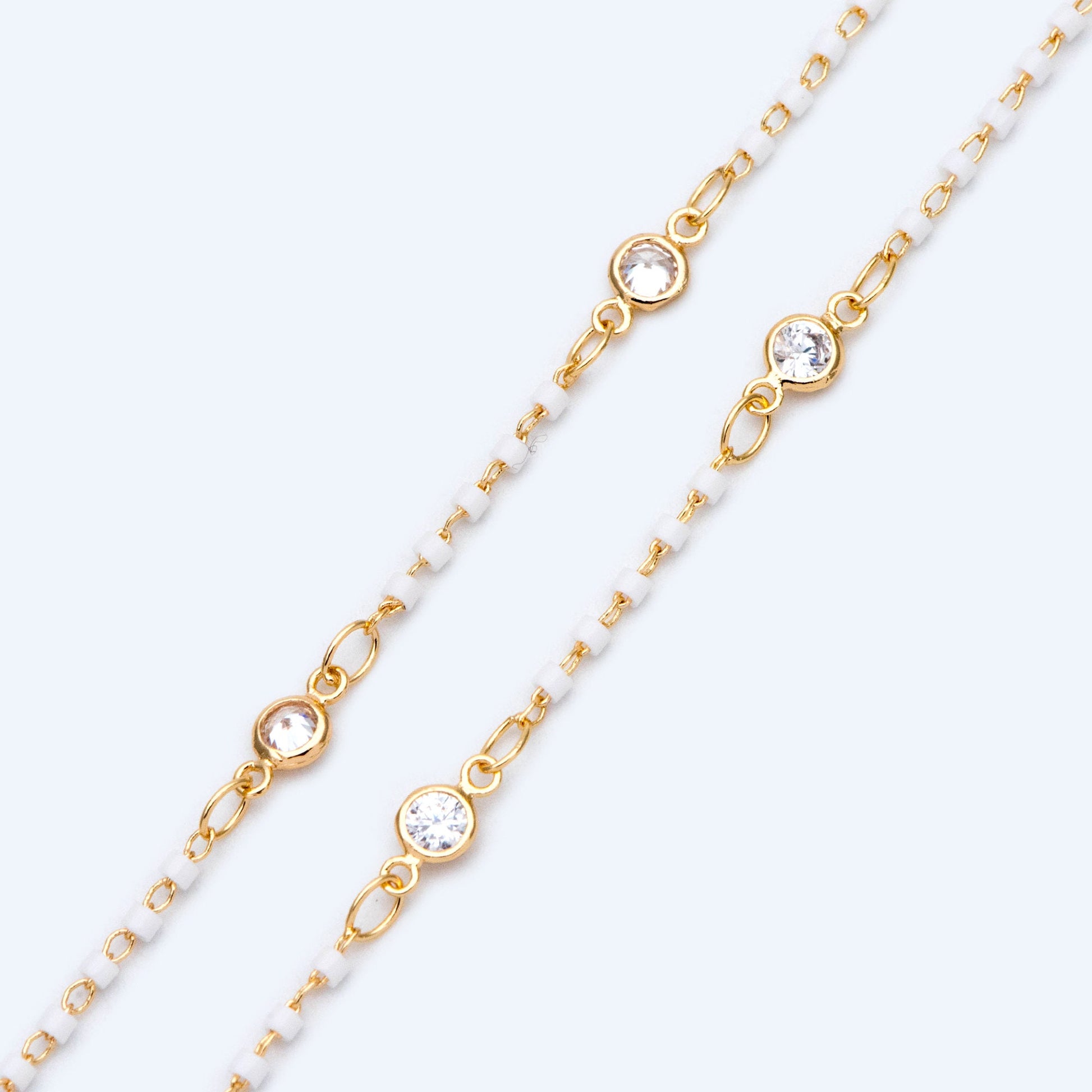 Miyuki Seed Bead Chain, Dainty Gold Beaded Chains, 4mm Round Coin CZ Links, White (#LK-437-2)/ 1 Meter=3.3 ft
