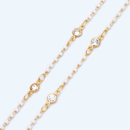 Miyuki Seed Bead Chain, Dainty Gold Beaded Chains, 4mm Round Coin CZ Links, White (#LK-437-2)/ 1 Meter=3.3 ft
