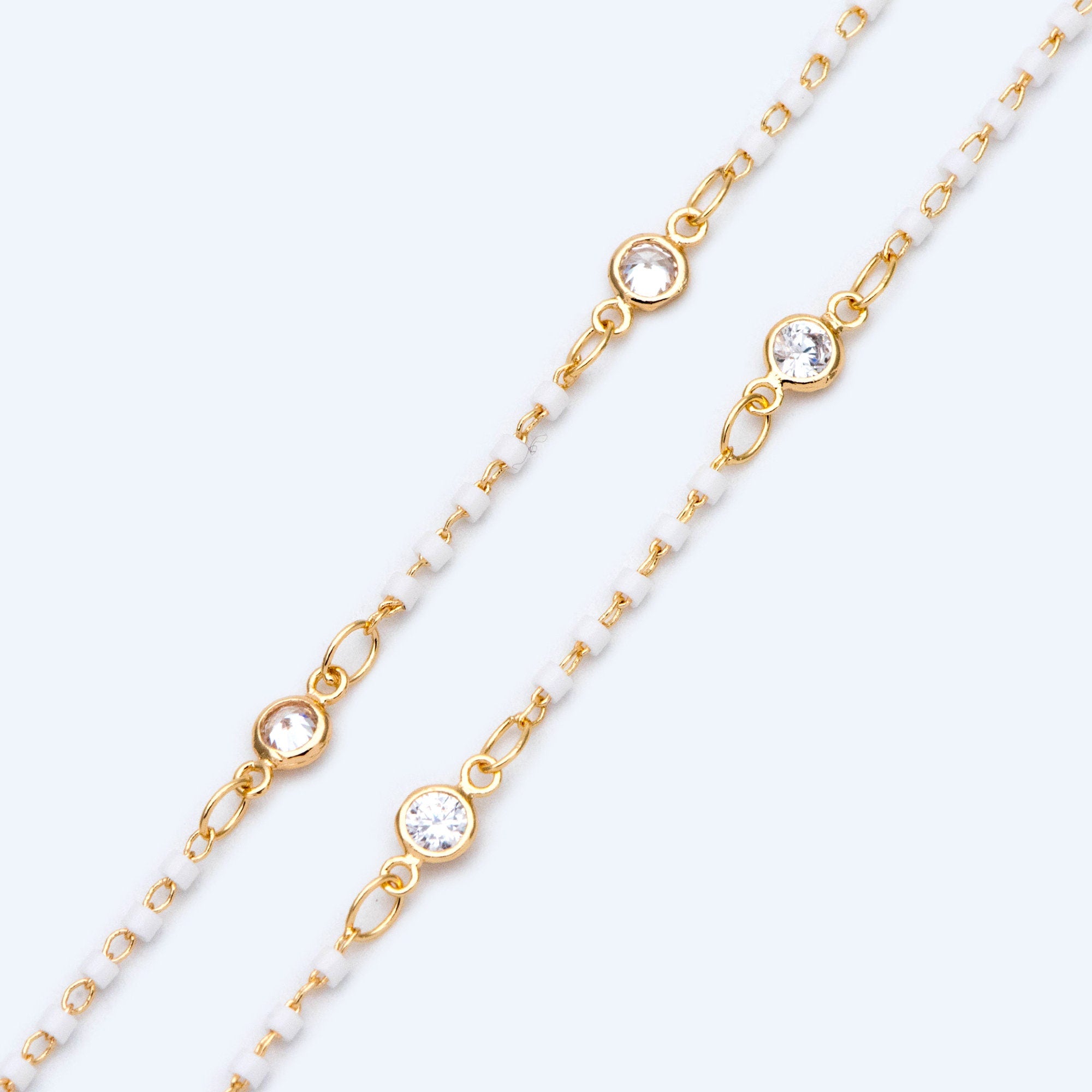 Miyuki Seed Bead Chain, Dainty Gold Beaded Chains, 4mm Round Coin CZ Links, White (#LK-437-2)/ 1 Meter=3.3 ft
