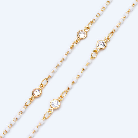 Miyuki Seed Bead Chain, Dainty Gold Beaded Chains, 4mm Round Coin CZ Links, White (#LK-437-2)/ 1 Meter=3.3 ft