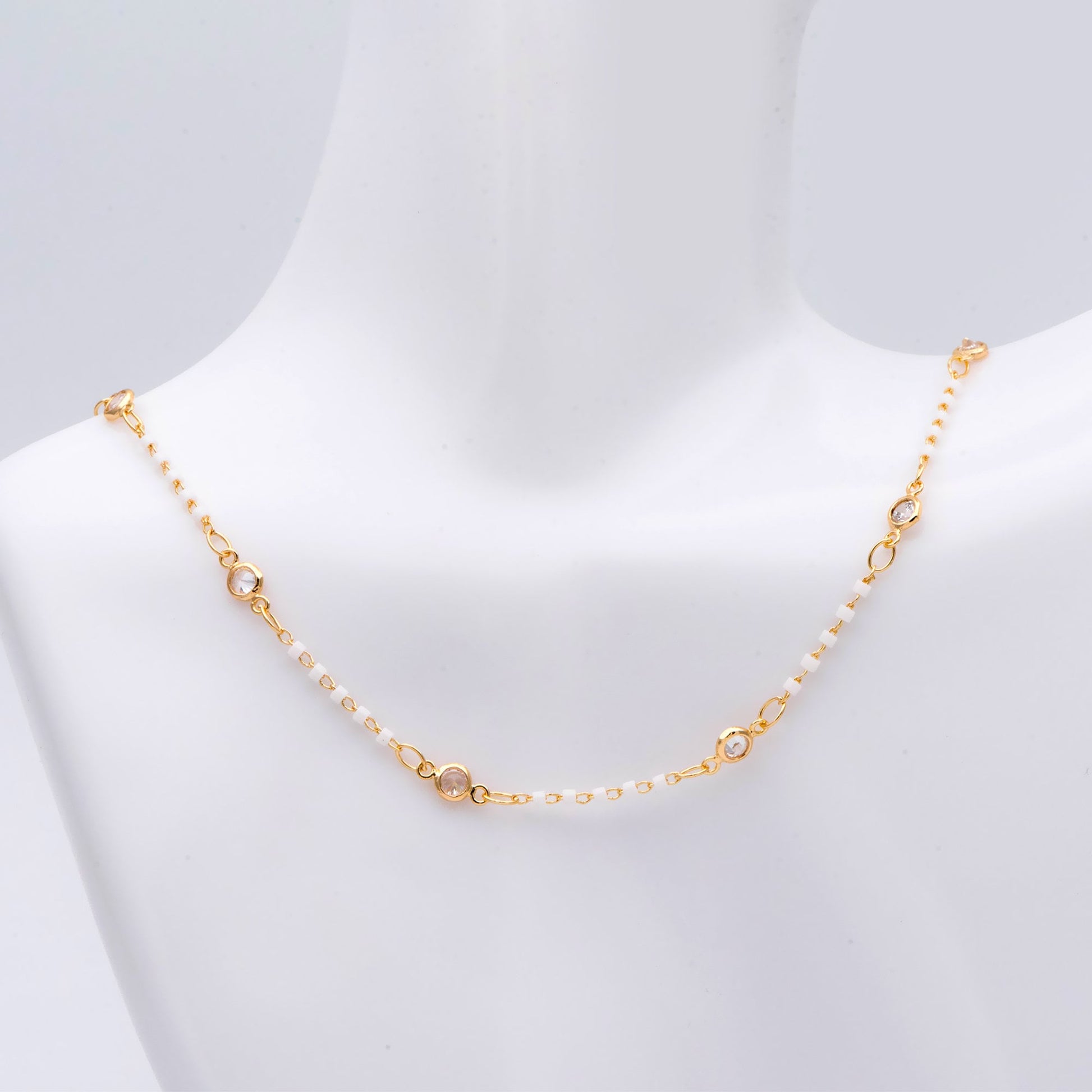 Miyuki Seed Bead Chain, Dainty Gold Beaded Chains, 4mm Round Coin CZ Links, White (#LK-437-2)/ 1 Meter=3.3 ft
