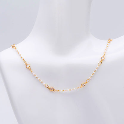 Miyuki Seed Bead Chain, Dainty Gold Beaded Chains, 4mm Round Coin CZ Links, White (#LK-437-2)/ 1 Meter=3.3 ft