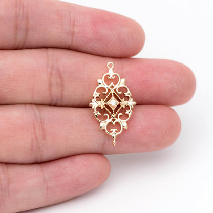 10pcs Gold plated Brass Hollow Rhombus Connector 25x14mm, CZ pave Rhombus Charm Pendant (GB-1584)