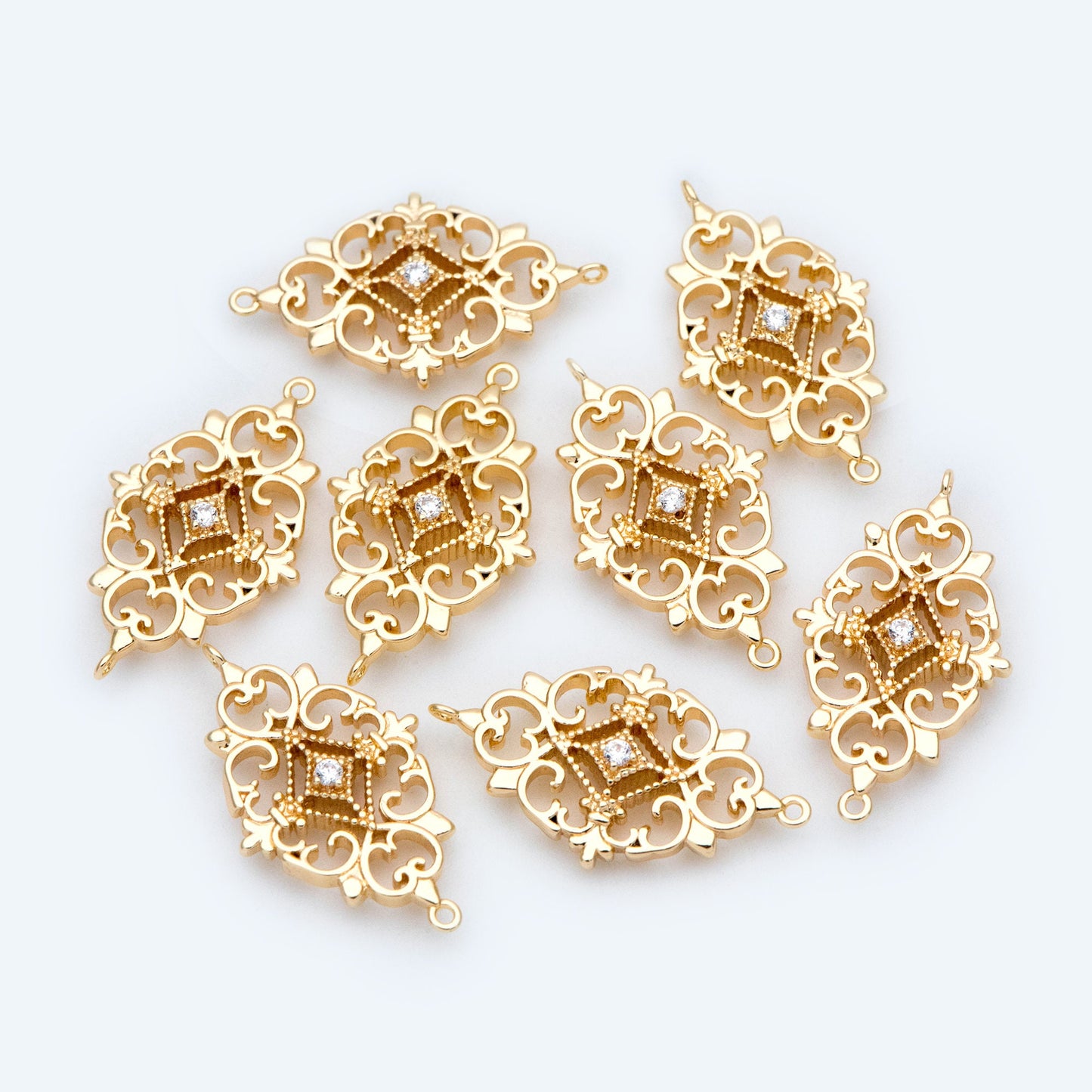 4pcs Gold plated Brass Hollow Rhombus Connector 25x14mm, CZ pave Rhombus Charm Pendant (GB-2535-F)