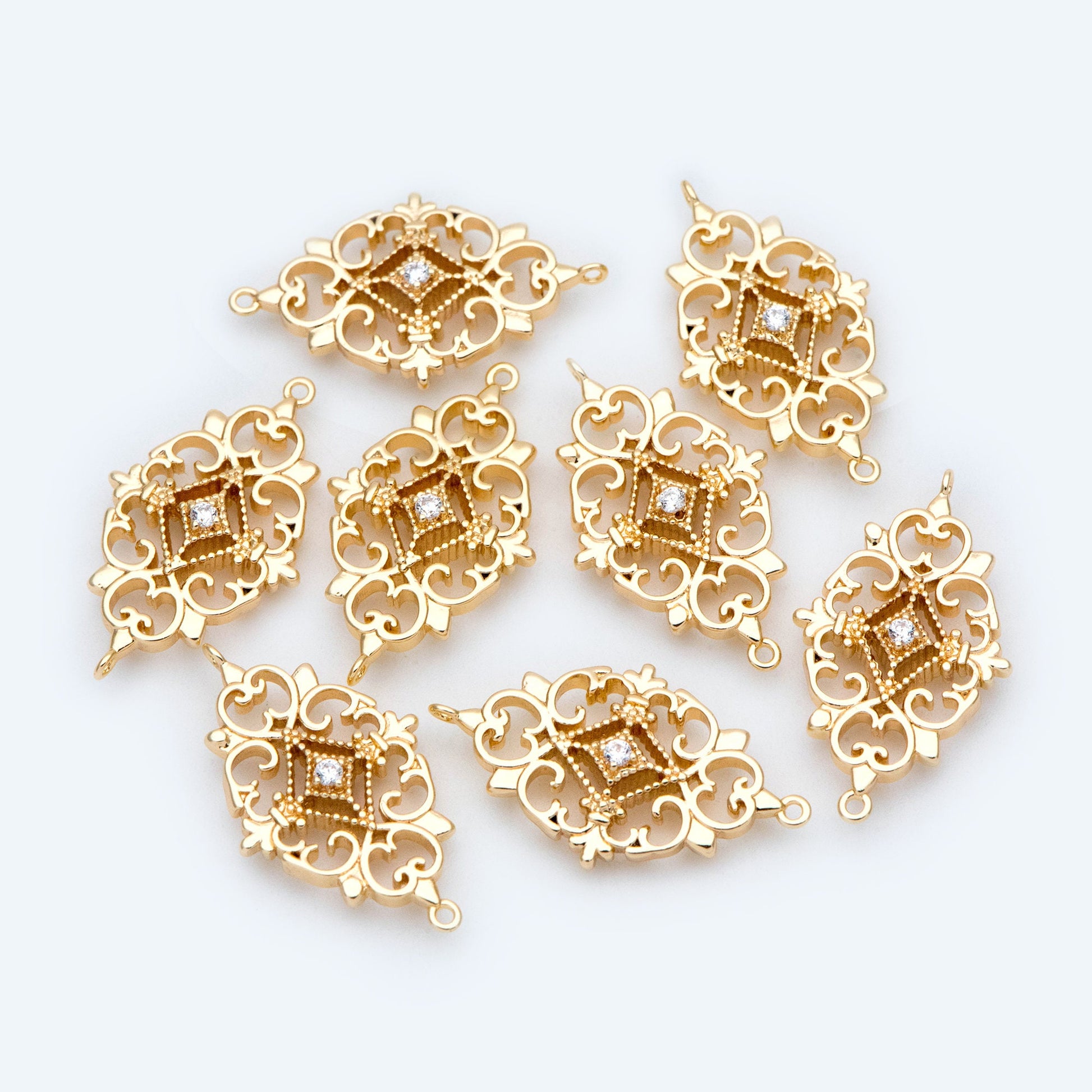4pcs Gold plated Brass Hollow Rhombus Connector 25x14mm, CZ pave Rhombus Charm Pendant (GB-2535-F)
