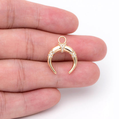 4pcs CZ pave Gold Crescent Moon Charm 16x20mm, 18K Gold plated Brass, OX Horn Pendant (GB-2394-C1)