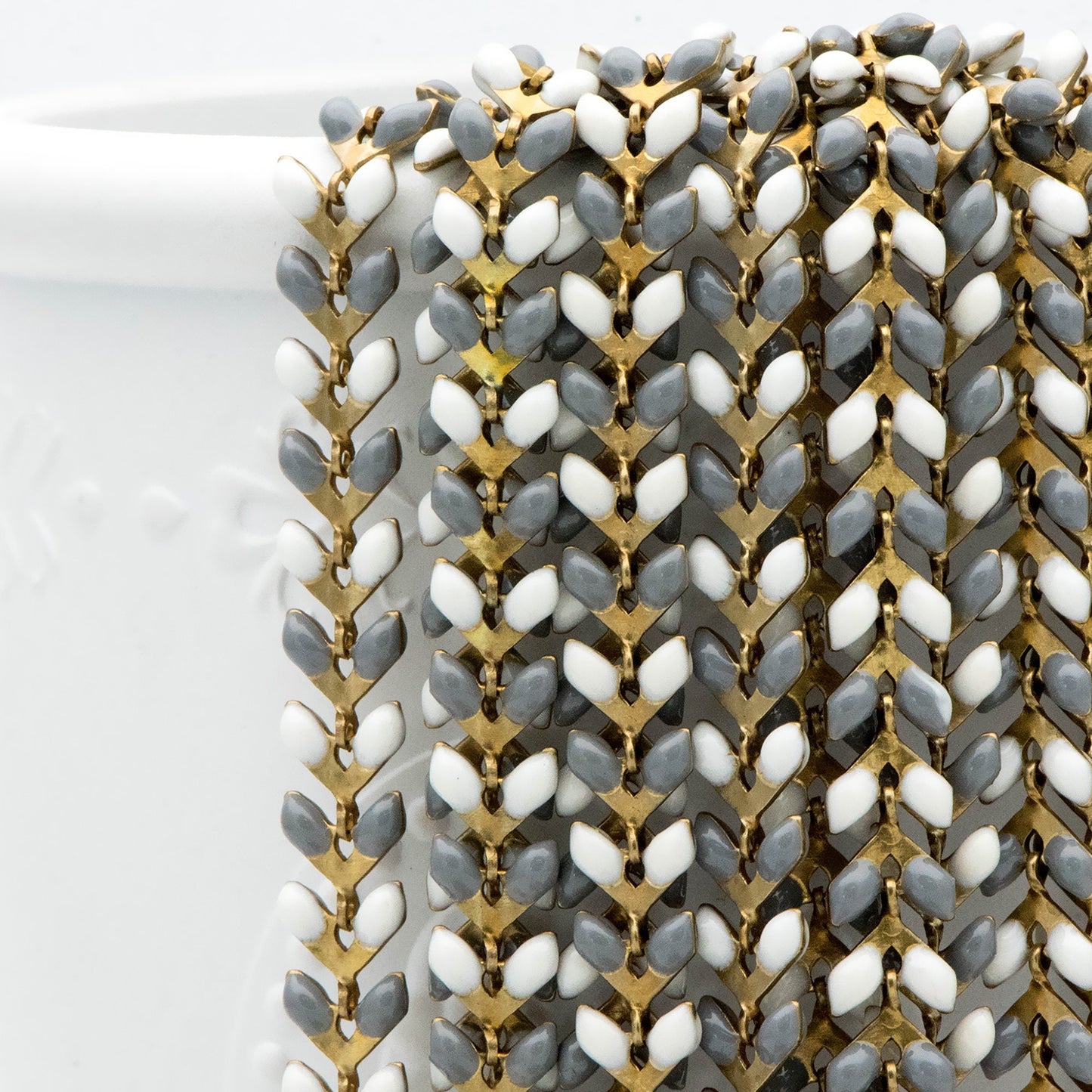 Enamel Brass Chevron Chain 6mm, Flat Herringbone Designer Chain, White Grey Mix Color (#LK-046-6)/ 1 Meter=3.3ft