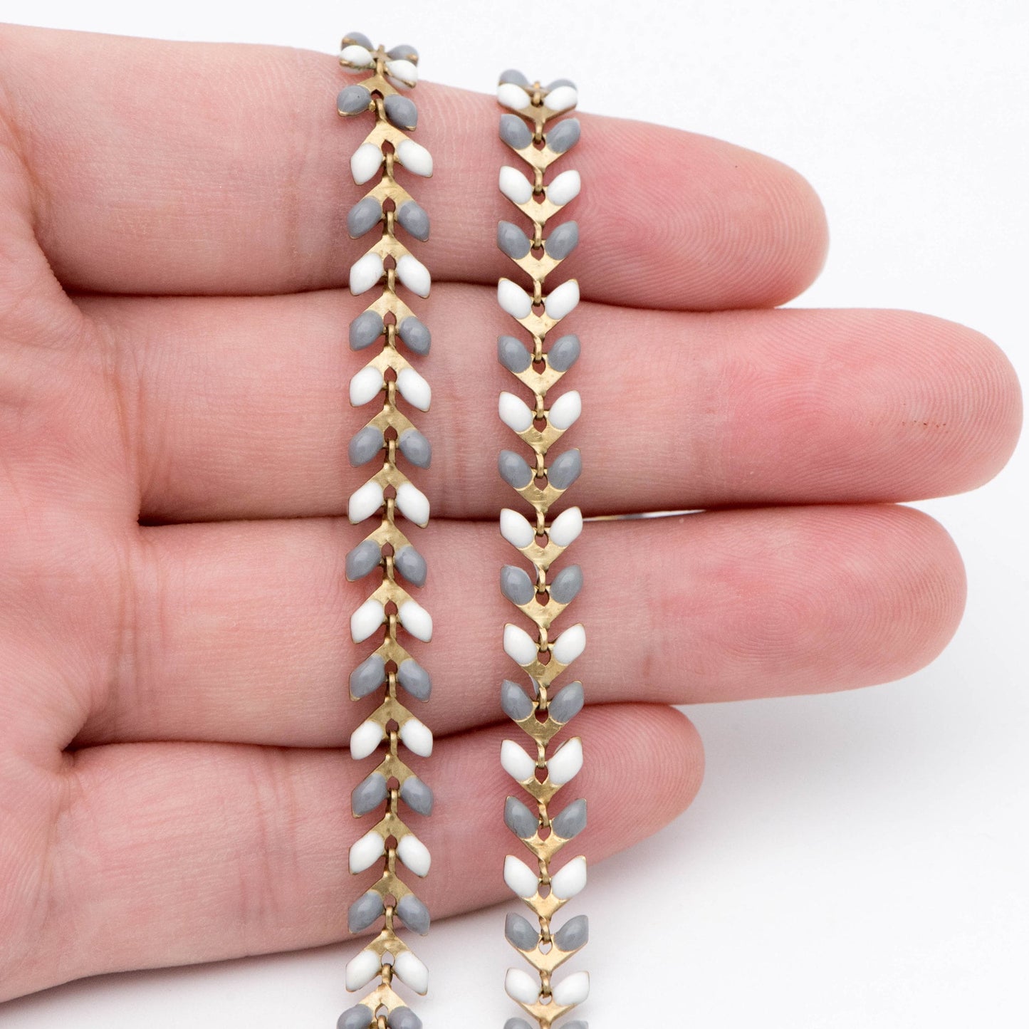Enamel Brass Chevron Chain 6mm, Flat Herringbone Designer Chain, White Grey Mix Color (#LK-046-6)/ 1 Meter=3.3ft