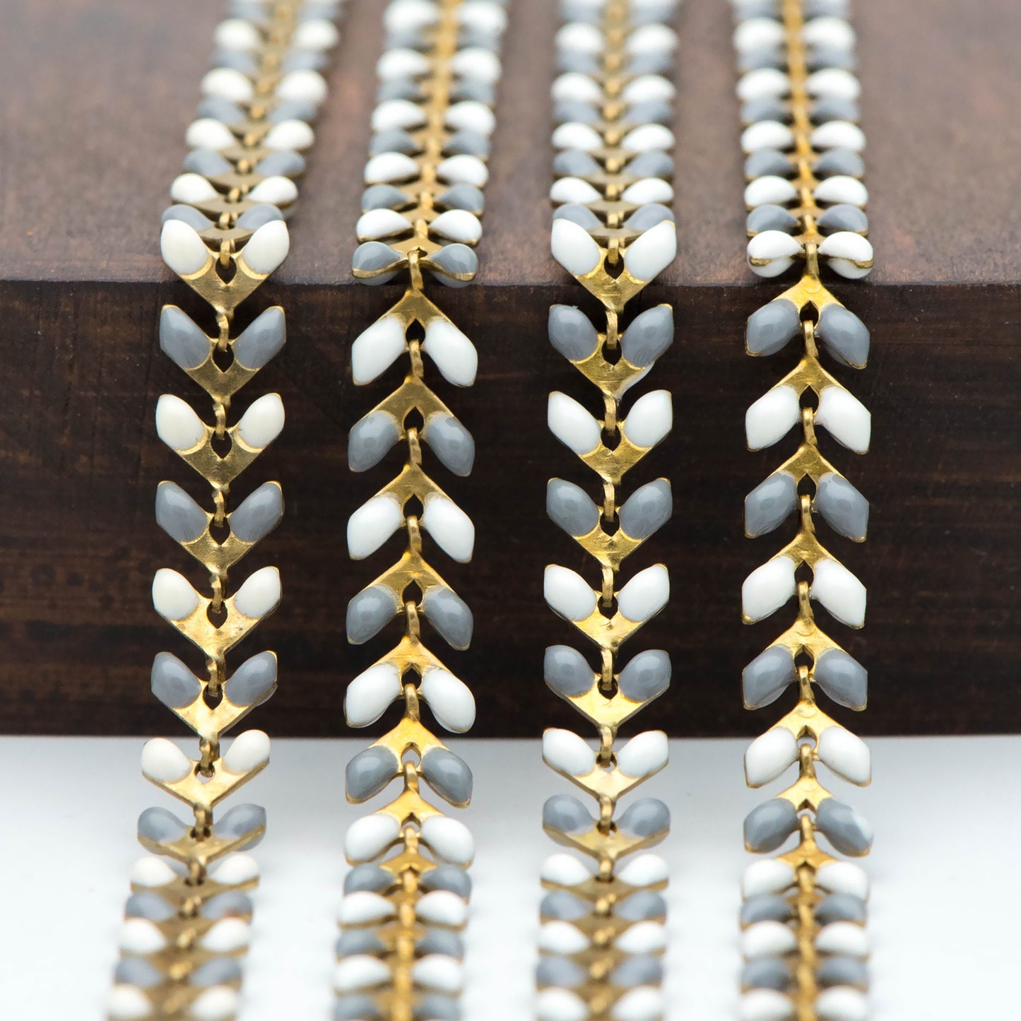 Enamel Brass Chevron Chain 6mm, Flat Herringbone Designer Chain, White Grey Mix Color (#LK-046-6)/ 1 Meter=3.3ft